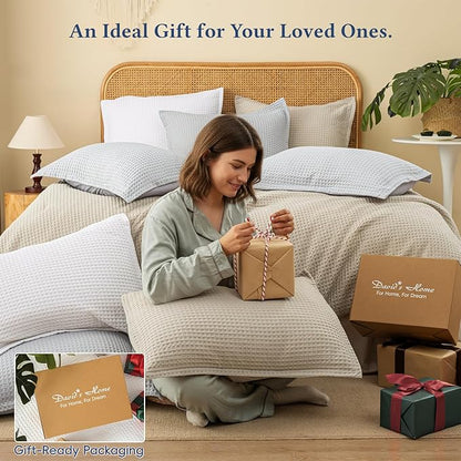 David's Home Waffle Weave Comforter Set 3PCS California King Size, Soft Breathable Lightweight Cozy Skin-Friendly Warm for All Season, Aesthetic Home Decor Bedding Set with Pillow Shams, Light Grey