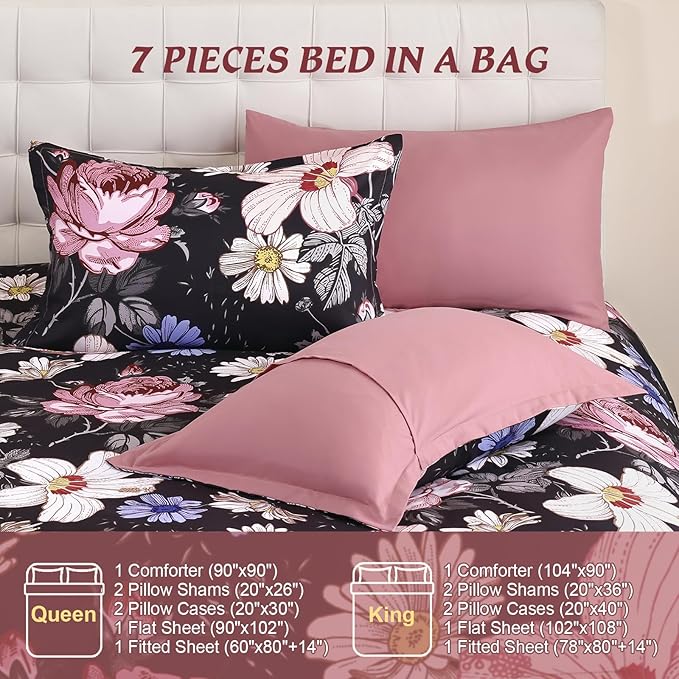 Luxudecor Queen Comforter Set 7 Pieces Bedding Sets,Black Pink Floral Comforter and Sheet Set,Soft Microfiber Bed in a Bag for All Seasons (Black Pink,90"x90")