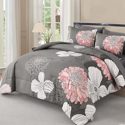 Yiran Full Size Comforter Sets,7 Pieces Grey Pink Floral Comforter Set with Flowers Pattern,Soft Microfiber Bedding Set for All Season(90"x78")