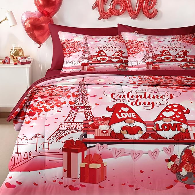 Nesker 7 Pcs Valentine's Day Comforter Set Queen Size, Romantic Love Gnomes Bedding Set for Kids and Adults, Cute Sweet Heart Sheets Bed Sheet Sets with Fitted Sheet 2 Pillowcases & 2 Shams