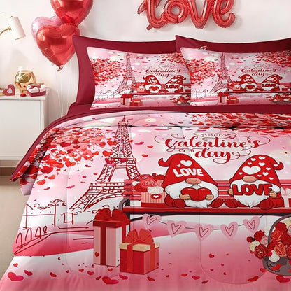 Nesker 7 Pcs Valentine's Day Comforter Set Queen Size, Romantic Love Gnomes Bedding Set for Kids and Adults, Cute Sweet Heart Sheets Bed Sheet Sets with Fitted Sheet 2 Pillowcases & 2 Shams