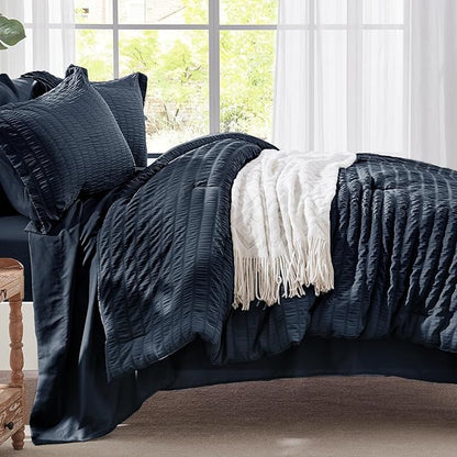 Zzlpp King Comforter Set 7 Pieces, Navy Blue Seersucker Bed in a Bag with Comforter, 2 Pillow Shams, 2 Pillowcases, 1 Flat Sheet, 1 Fitted Sheet