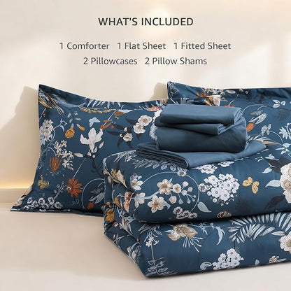 CASAAGUSTO Queen Comforter Set - 7 Pieces Blue Floral Bedding Sets, Queen Bed in a Bag with Botanical Butterfly Comforter, Sheets, Pillowcases & Shams for All Seasons
