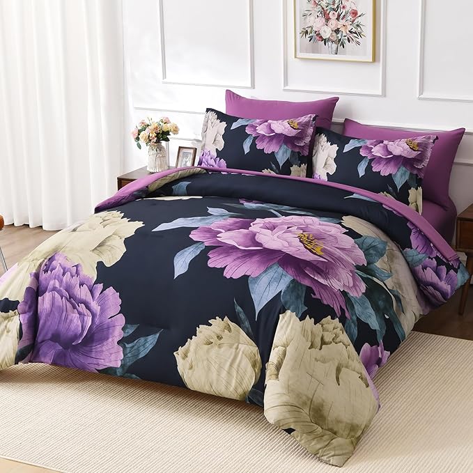 Dobuyly King Size Comforter Set Dark Purple 7 Piece Bed in a Bag, Elegant Floral Comforter Set with Sheets, Soft Microfiber Botanical Flower Bedding Set for All Season