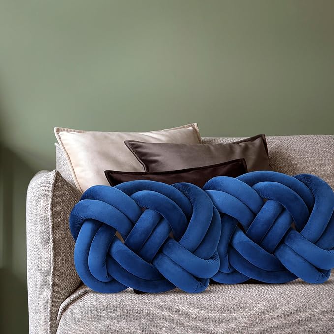 Sintuff Set of 2 Velvet Knot Pillow Ball 14 x 16 Inch Soft Decorative Knotted Throw Pillow for Christmas Thanksgiving Couch Home Sofa Bedroom Decor to Add Comfort and Style(Navy Blue)