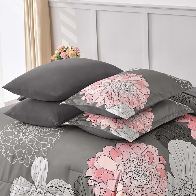 Yiran Grey Pink Comforter King Size 7 Pieces Floral Bed in a Bag Boho Comforter Set Soft Microfiber Bedding Sets for All Season with Flat Sheet Fitted Sheets Pillowcases & Pillowshams