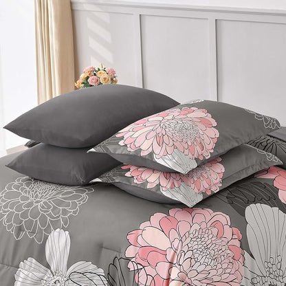Yiran Cal King Flower Boho Comforter Set Gray Pink Bed in a Bag 7 Pieces Floral Bedding Set (1 Comforter 1 Flat Sheet 1 Fitted Sheet 2 Pillowcases 2 Pillow Shams)