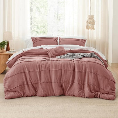 Bedsure Full Comforter Set - 4 Pieces Pinch Pleat Bed Set, Dusty Pink Boho Bedding for All Season, 1 Soft Comforter, 2 Pillowcases, 1 Decorative Pillow
