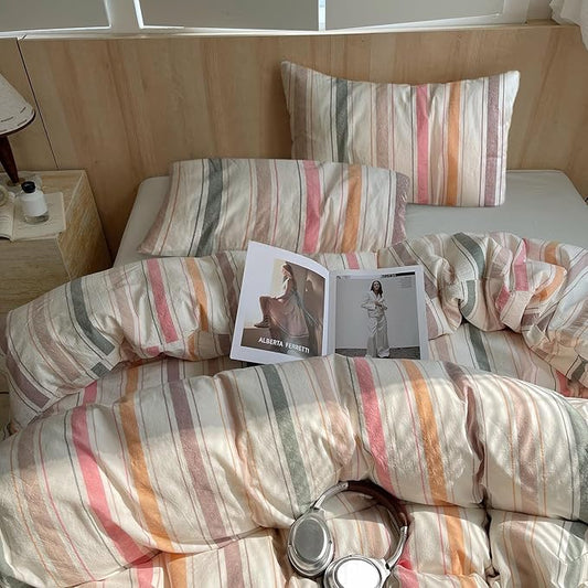 VM VOUGEMARKET Striped Comforter Set Queen Vertical Multicolor Stripes Cotton Bedding Comforter with 2 Pillowcases Modern Cozy Lightweight for Girls Women(Orange/Pink/Green/Coffee)
