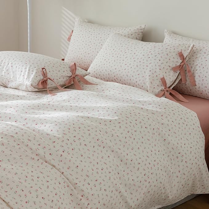 mixinni Floral White Twin/Twin XL Comforter Set Dorm Bedding - Garden Style Pink Rose Flower Bed Sets Comforters for All Seasons, Includes 1 Cute Floral Comforter and 2 Bow Tie Pillowcases