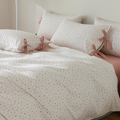 mixinni Floral White Comforter Set King Size, Farmhouse Bedding Sets Soft Fluffy Fresh Pink Flowers Green Leaves Comforter for All Season, 3 Pieces Cute Floral Bedding Comforter Set for Women