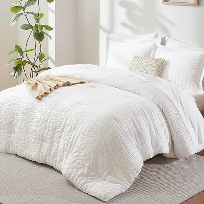 CozyLux Twin Comforter Set with Sheets 5 Pieces, White Seersucker Textured Bed in a Bag for Girls, Luxury Soft Bedding Set with Down Alternative Comforter, Sheets, Pillowcases & Shams for All Seasons