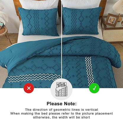 Andency Teal Tufted Comforter Set King(104x90Inch), 3 Pieces(1 Boho Comforter, 2 Pillowcases) Textured Farmhouse Bed Set, Soft Microfiber Down Alternative Geometric Bedding