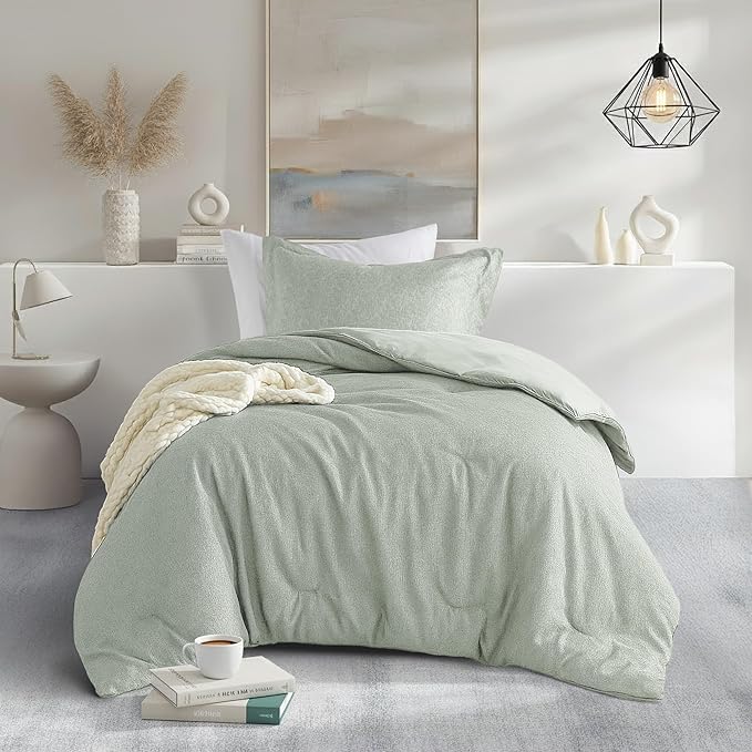 Twin/Twin XL Size Comforter Set, Lightweight Sage Green Soft Bedding for All Seasons, 2 Pieces Chambray Print Solid Farmhouse Bed Set, Comforter & Sham