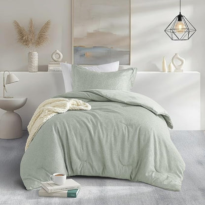 Twin/Twin XL Size Comforter Set, Lightweight Sage Green Soft Bedding for All Seasons, 2 Pieces Chambray Print Solid Farmhouse Bed Set, Comforter & Sham