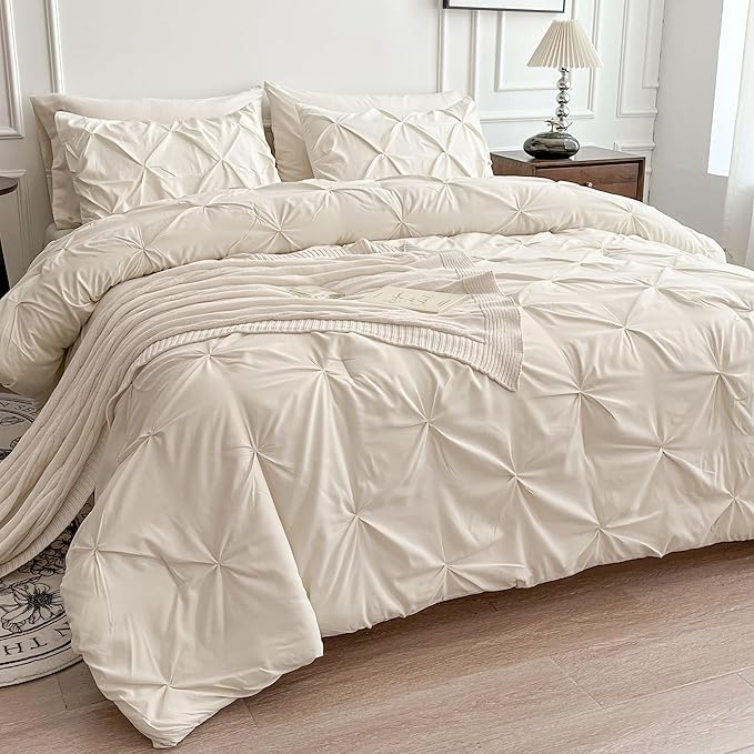 Maple&Stone Full Size Comforter Sets, 7 Pieces Bedding Sets Full, Pintuck Bed in a Bag Bed Set with Comforter, Sheets, Pillowcases & Shams - Cream
