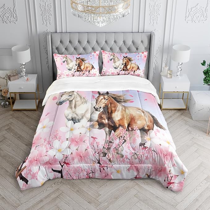 Kid Horse Comforter Set Queen Room Floral Animal Theme Handsome Horse Chic Cherry Blossom Bedding Set 3D Wild Animal Decor Quilt Set for Girls Adult, 1 Comforter + 2 Pillowcases