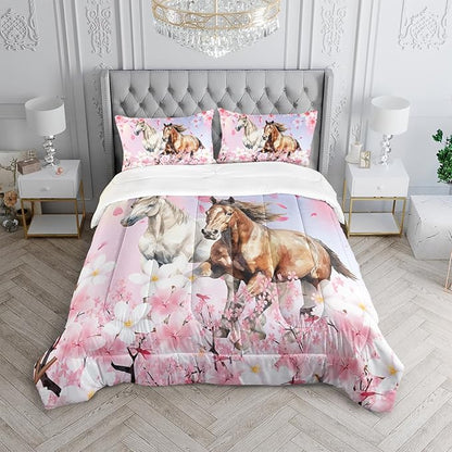 Kid Horse Comforter Set Full Room Floral Animal Theme Handsome Horse Chic Cherry Blossom Bedding Set 3D Wild Animal Decor Quilt Set for Girls Adult, 1 Comforter + 2 Pillowcases
