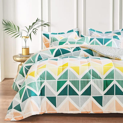Green Yellow Bed in a Bag 7 Pieces King Size Comforter Sheet Set Triangles Print Microfiber Summer Soft Complete Bedding Set (1 Comforter 2 Pillow Shams 1 Flat Sheet 1 Fitted Sheet 2 Pillowcases)