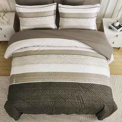 Drucon Brown Comforter Set King Size 7 Piece Bed in a Bag Striped Bedding Set Soft Microfiber Comforter and Sheet Set for All Season (King, 104"x90")