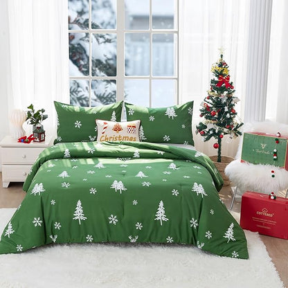 COTTEBED Christmas Tree Comforter Sets Twin/Twin XL Size, Soft Polycotton Reindeer Elks Bedding Down Alternative Comforters for Kids Children Boys Girls Teen College Dorm Signal Bed