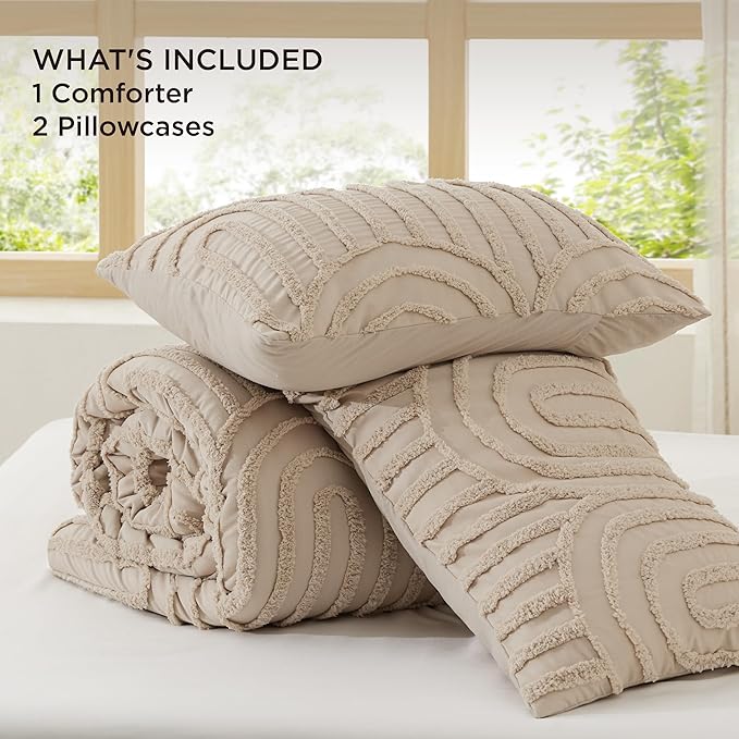 Bedsure Boho Tufted Khaki Comforter King Size, GentleSoft™ 3 Pieces Boho Farmhouse Decor Bedding, Arch Shabby Chic Bedding for All Seasons, 1 Bed Comforter, 2 Pillow Shams, 104x90 Inches