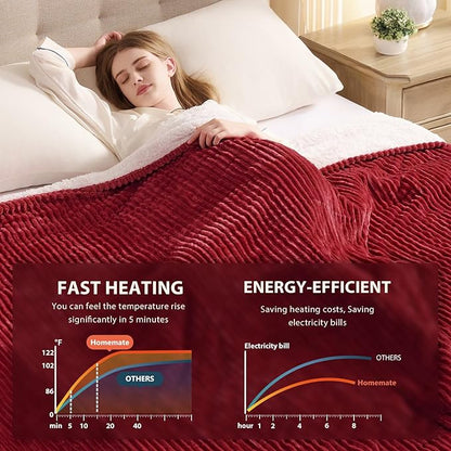 Homemate Electric Heated Blanket Twin - 62"x84" Heating Blanket Twin Size 1/2/4/6/8 Hours Auto-Off 10 Heat Level Over-Heat Protection Soft Flannel Sherpa ETL Certification