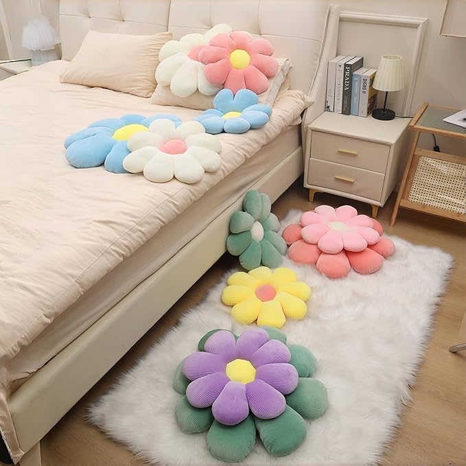 2 Pcs Flower Pillow Decorative Throw Pillows for Girls Preppy Room Decor, Cute Aesthetic Flower Daisy Shaped Throw Pillows for Bedroom Bed Couch Chair Floor Classroom (White+Yellow, 15.35 Inch)