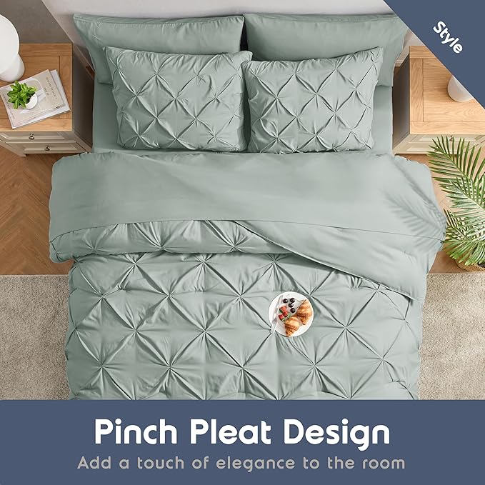 Nestl California King Comforter Set 7 Piece - Pintuck Cal King Comforter Set Sage Green, California King Bed in a Bag, All Season Bed Set with Flat Sheet and Fitted Sheet, Pillowcases and Shams