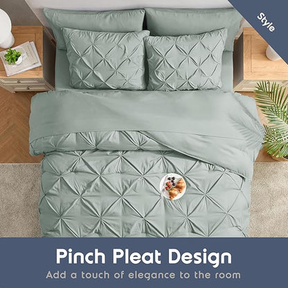 Nestl 7 Piece Comforter Set - Pinch Pleated Bedding - Sage Green, All Season Full Size Bed Set with Sheets, Comforter, Pillowcases and Shams