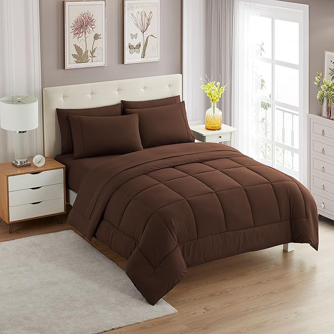 Sweet Home Collection 7 Piece Comforter Set Bag Solid Color All Season Soft Down Alternative Blanket & Luxurious Microfiber Bed Sheets, Brown, Full