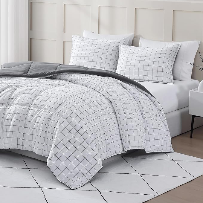 Casa Platino Queen Comforter Set - Pre-Washed Duvet Insert & 2 Pillow Shams - Brushed Microfiber Windowpane