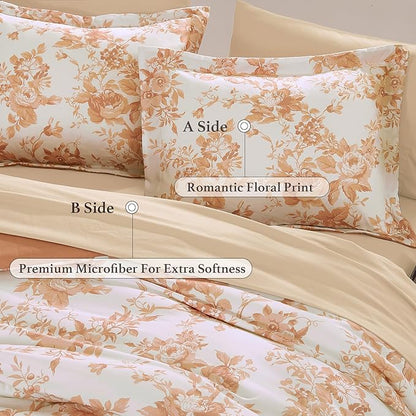King Comforter Set -7 Pieces Autumn Leaf Floral Comforter Set for All Seasons, Bed in a Bag King with Botanical Flowers Comforter, Sheets, Pillowcases & Shams