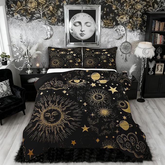 Erosebridal Star Moon Bedding Set King Size,Starry Sky Series Comforter Set Kids Child,Cosmic Planets Sun Face Pattern Duvet Insert Boys Girls,Hippie Quilted Duvet,Soft Living Bedroom Decor