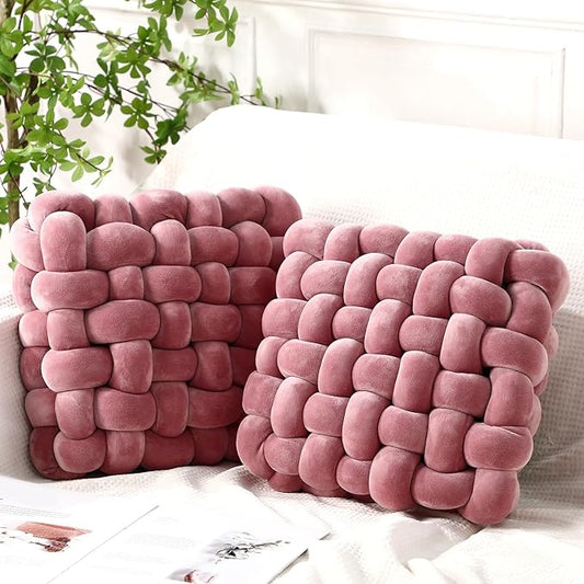 Wenqik 2 Pcs Knot Pillows Square Knotted Plush Throws Soft Accent Pillows Decoration Cushion for Couch Home Office Living Room Bedroom Bed Sofa Decor, 12'' x 13''(Pink Violet,Crystal Velvet)