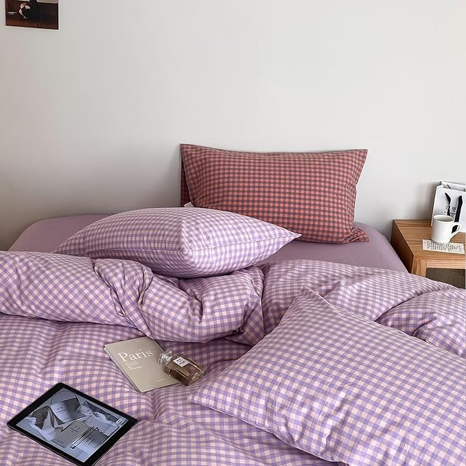 mixinni Purple Gingham Comforter Set Twin XL, Plaid Comforter Set 3 Pieces 1 Purple Grid Comfoter with 2 Pillow Cases for All Seasons, Soft Fluffy Modern Grid Pattern Printed Bedding-Twin XL Size