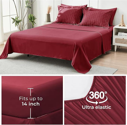 HYMOKEGE Burgundy King Size Comforter Set Seersucker 7 Pieces, All Season Luxury Bed in a Bag for Bedroom, Bedding Set with Comforters, Sheets, Pillowcases & Shams