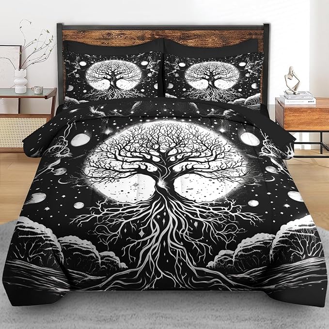 Comforter Set Queen Size, Tree of Life Dark Magic 7 Pcs Bedding for Kids and Adults, Sun Moon Bed Sheet Sets with Fitted Sheet 2 Pillowcases & 2 Shams for Bedroom Bed Decor