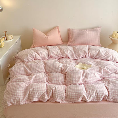 BOLINLIVING Gingham Twin Comforter Set Kids, Soft Breathable Bed in a Bag Twin Size 2 Pieces, Pink White Checkered Plaid Bedding Set for All Season, 1 Comforter & 1 Pillowcase