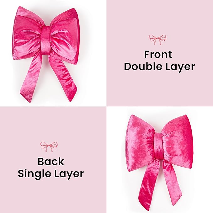 AELS Bow Pillow Decorative Throw Pillow, Shining Velvet Cute Pillow, 15.3"" & 13.7"" for Valentine's Day, Wedding, Christmas, Living Room, Bedroom, Nursery Decor, Hot Pink