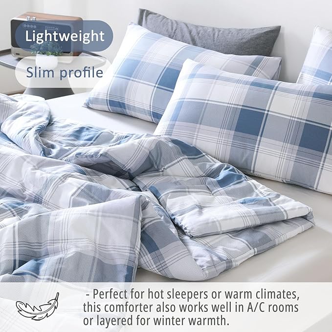 Vintage Cotton Comforter Queen Size 3Pcs - Classic Tartan Plaid Pattern with Denim Blue, Soft Gray and White, Lightweight Bedding Sets with Soft Fill(1 Comfoter 90"×90", 2 Pillowcases)
