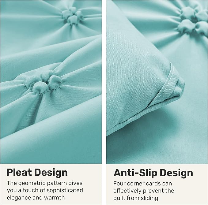 UNIKOME Queen Comforter Set Aqua Blue - Ultra Soft Boho Pintuck Down Alternative Bedding Set for All Seasons, 3 Pieces Lightweight Warm Pinch Pleat Bed Set with Comforter, 2 Pillowcases