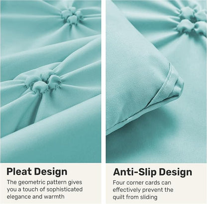 UNIKOME Queen Comforter Set Aqua Blue - Ultra Soft Boho Pintuck Down Alternative Bedding Set for All Seasons, 3 Pieces Lightweight Warm Pinch Pleat Bed Set with Comforter, 2 Pillowcases