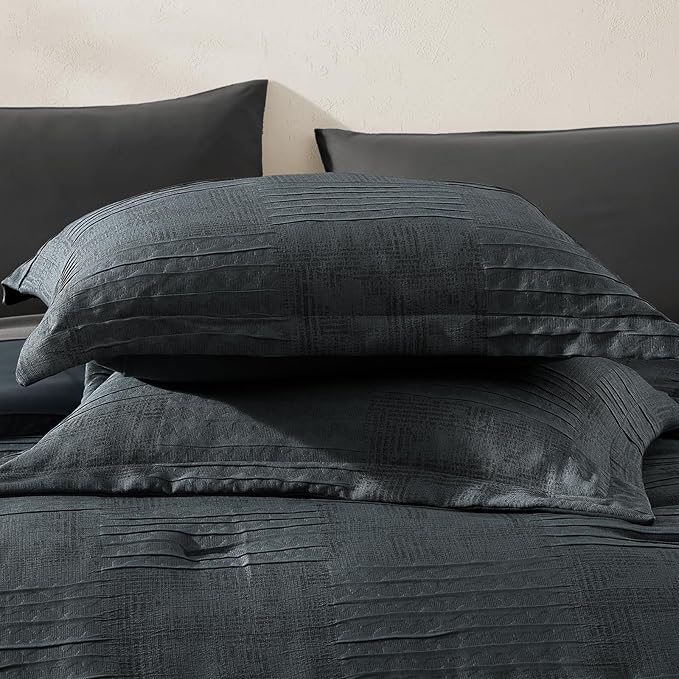 MaiRêve Queen Comforter Set Blue Grey, Textured Design Crinkle Bedding Sets 7 Pieces, All Season Bed in A Bag with Comforter, Sheets, Pillowcases & Shams