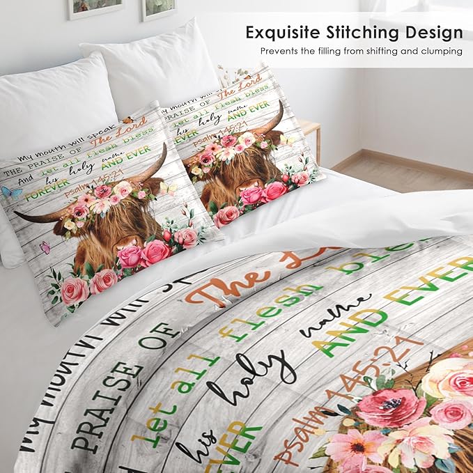 Comforter Set Twin Size, Highland Cow Animal 2 Pcs Soft Bedding Set for Kids and Adults, Spring Farm Wood Flowers Comforter Set with Pillowcase, for Bedroom Bed Decor