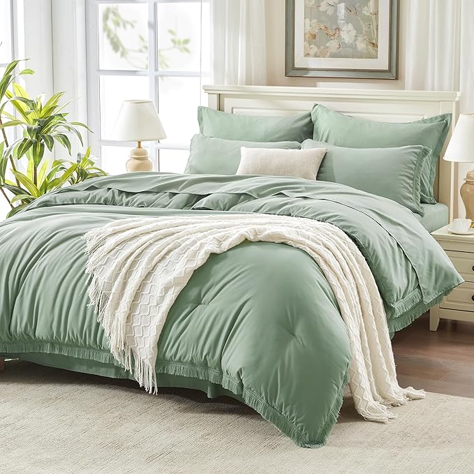 Andency Sage Green Comforter Set King Size with Sheets -7 Pieces Boho Tassel Bed in a Bag Soft Lightweight Bedding Sets, All Season Fringe Bed Set with Comforter, Sheets, Pillowcases & Shams