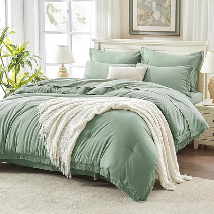 Andency Sage Green Comforter Set King Size with Sheets -7 Pieces Boho Tassel Bed in a Bag Soft Lightweight Bedding Sets, All Season Fringe Bed Set with Comforter, Sheets, Pillowcases & Shams