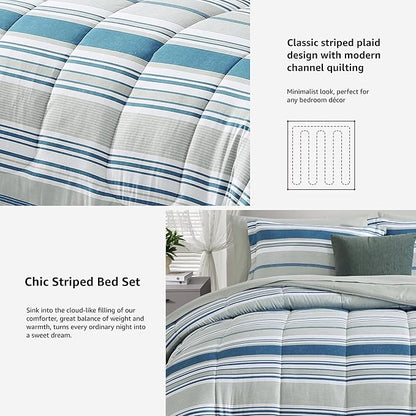 Monbix Full Size Comforter Set - 7 Pieces Bed in a Bag Full, Blue-Stripe Bedding Sets, All Seasons Comforter Bed Set with Sheets, Pillowcases & Shams