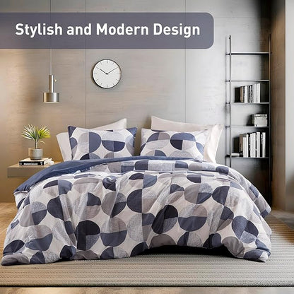 Stylish Three-Tone Printed Twin Size Comforter Set, 2 Pieces Ultra-Soft Microfiber Bedding Set, Warm and Cozy Comforter for All Seasons, Navy Blue & Grey