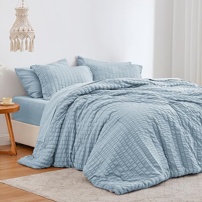 Love's cabin Seersucker Light Blue Full Comforter Set, 7-Piece All Season Lightweight Bed in a Bag Bedding Set with Comforter, Flat Sheet, Fitted Sheet, Pillowcases and Shams | Soft, Breathable, Lightweight